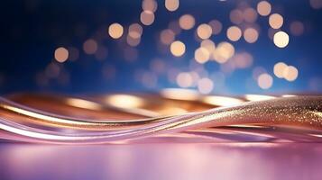 Metallic wave with golden bokeh light particles background. Defocused. photo