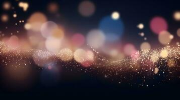 Wave shaped golden bokeh light particles background. Defocused. photo