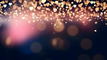 Heart shaped golden bokeh light particles background. Defocused. photo