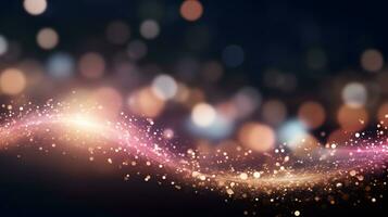 Wave shaped golden bokeh light particles background. Defocused. photo
