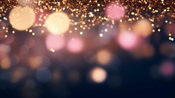 Golden bokeh light particles background. Defocused. photo