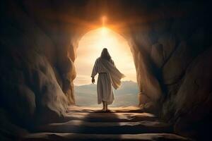 Resurrection Of Jesus at empty tomb during sunrise photo