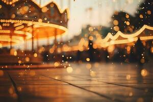 Evening amusement park, golden bokeh. Blurred amusement park background. Generated by artificial intelligence photo