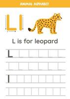 rastreo alfabeto letras para niños. animal alfabeto. l es para leopardo. vector