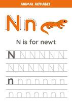 Tracing alphabet letters for kids. Animal alphabet. N is for newt. vector