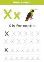 Tracing alphabet letters for kids. Animal alphabet. x is for xantus. vector