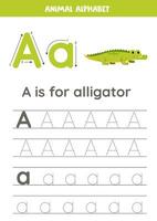 Tracing alphabet letters for kids. Animal alphabet. A is for alligator. vector