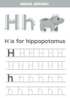 Tracing alphabet letters for kids. Animal alphabet. H is for hippopotamus. vector