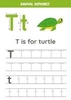 Tracing alphabet letters for kids. Animal alphabet. T is for turtle. vector