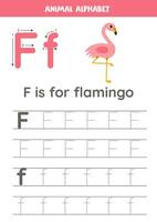 Tracing alphabet letters for kids. Animal alphabet. F is for flamingo. vector