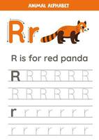 Tracing alphabet letters for kids. Animal alphabet. R is for red panda. vector