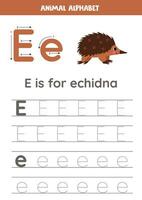 Tracing alphabet letters for kids. Animal alphabet. E is for echidna. vector