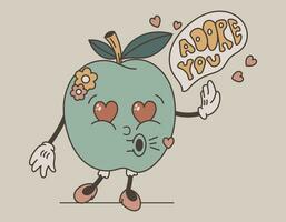 Funny groovy retro character girl apple. vector isolated cheerful fruit in love, old cartoon style.