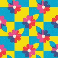 Seamless checkered pattern with flowers in risograph style. Vector graphics.