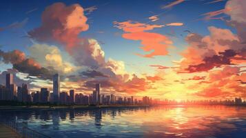 Beautiful city landscape background. Cartoon summer sunset with clouds and lake. Anime style photo