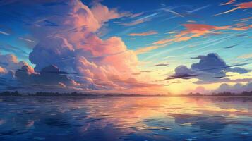 Beautiful city landscape background. Cartoon summer sunrise with clouds, lake and sunshine. Anime style photo