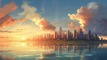 Beautiful city landscape background. Cartoon summer sunset with clouds and lake. Anime style photo