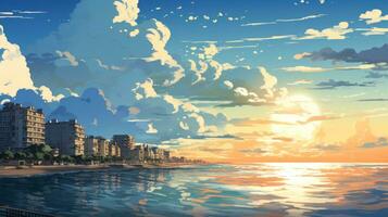 Beautiful city landscape background. Cartoon summer sunset with clouds and lake. Anime style photo