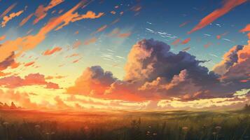 Beautiful landscape background. Cartoon summer sunrise with clouds, field and sunshine. Anime style photo