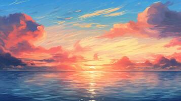 Stunning anime style background featuring a beautiful sunrise, fluffy clouds, sea, and a bright sun. photo