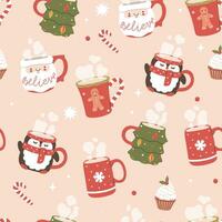 Seamless Christmas pattern with festive mugs. Vector graphics.