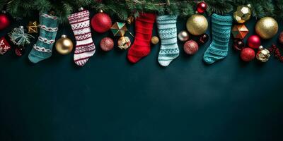 flat lay with a Christmas garland of fir branches, Christmas balls and knitted socks with space for text. cozy background for Christmas and New Year holidays. AI generated photo
