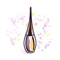 Hand-drawn liquid eyeliner, beauty cosmetic element, self care. Illustration on a watercolor pastel background with splashes of paint. Useful  for beauty salon, cosmetic store. Doodle sketch. vector