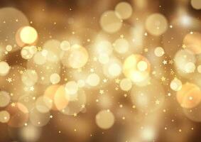 golden Christmas background with bokeh lights and stars design vector