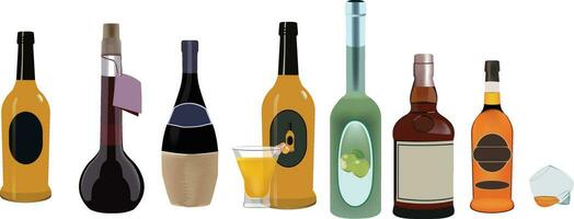 group of bottles of various shapes of liquor- vector