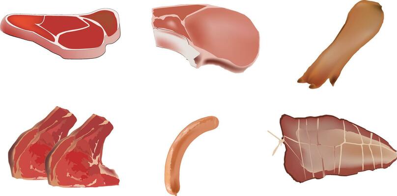 Cuts of various beef and pork, steak and roast-