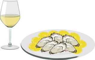 plato de ostras con limón y blanco vino vector