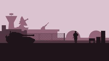 Military base landscape vector illustration. Silhouette of military base with soldier and tank vehicle. Military landscape for background, wallpaper or landing page