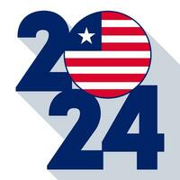 Happy New Year 2024, long shadow banner with Liberia flag inside. Vector illustration.