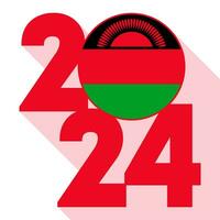 Happy New Year 2024, long shadow banner with Malawi flag inside. Vector illustration.