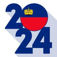 Happy New Year 2024, long shadow banner with Liechtenstein flag inside. Vector illustration.