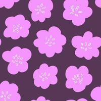 Vector seamless pattern with simple violet flowers on dark background. Simple doodle flowers, spring bloom pattern design