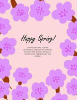 Spring postcard design with simple doodle flowers frame on pink background. Easter postcard with flowers vector