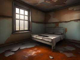 oxidado dormitorio en abandonado hogar foto