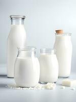 different dairy products on table against grey background photo