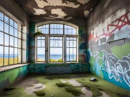 interior view of an abandoned building with ruins and walls in the background. photo