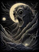 alien monster with a moon and a skull in the dark sky photo