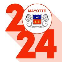 Happy New Year 2024, long shadow banner with Mayotte flag inside. Vector illustration.