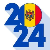 Happy New Year 2024, long shadow banner with Moldova flag inside. Vector illustration.