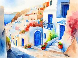 the old town of santorini, greece, watercolor style photo
