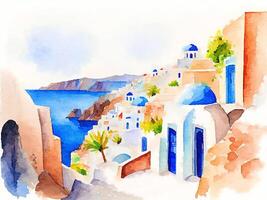 the old town of santorini, greece, watercolor style photo