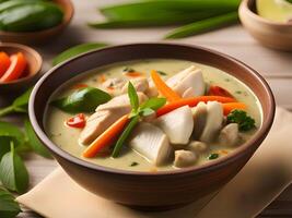 Thai food, Green curry chicken eating with rice noodles and fresh vegetables photo