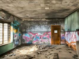 old abandoned building, interior of a factory photo