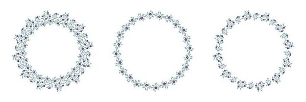 Set of floral isolated vector wreaths, branches with teal leaves and purple flowers on white. Vector illustration, design for poster, banner, invitation, book, fashion fabric, wrapping.