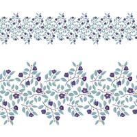 Floral border, branches with teal leaves and purple flowers on white. Vector illustration, design for poster, banner, invitation, book, fashion fabric, wrapping.