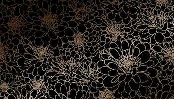 dorado crisantemo flores en mano dibujado línea Arte en negro antecedentes. decorativo impresión para fondos de pantalla, envolturas, Boda invitaciones, saludos, telones de fondo vector